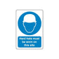 Safety sign decal with blue hard hat icon and text: Hard hats must be worn on this site