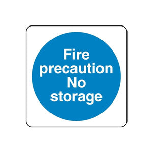 Safety sign vinyl decal: blue circle with white text 'Fire precaution No storage'