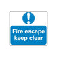 Fire escape keep clear safety sign wall decal with white exclamation on blue