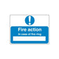 Blue fire action safety sign decal with exclamation icon and message text