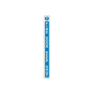 Fire door safety sticker, blue vertical design with white text and exclamation symbol