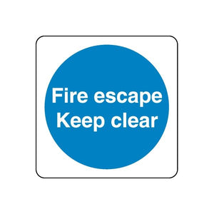 Safety sign decal: square white sticker with blue circle text Fire escape Keep clear