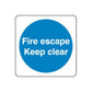 Safety sign decal: square white sticker with blue circle text Fire escape Keep clear