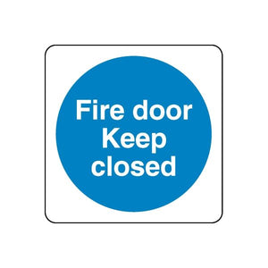 Safety sign wall decal: blue circle sticker with Fire door keep closed text