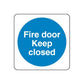 Safety sign wall decal: blue circle sticker with Fire door keep closed text