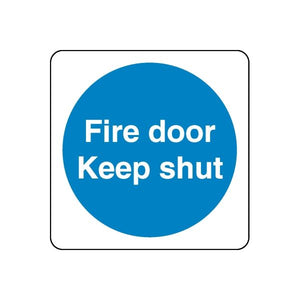 Safety sign decal: blue circle text 'Fire door Keep shut'