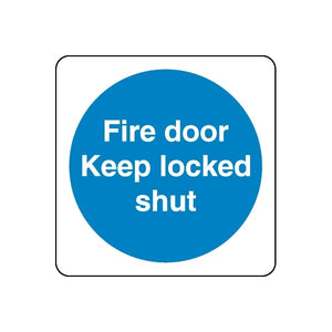 Safety sign wall decal sticker with blue circle and white text: “Fire door Keep locked shut”