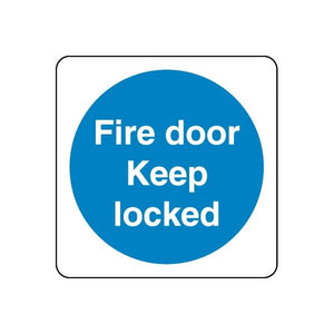 Safety sign sticker with blue circle text Fire door keep locked
