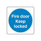 Safety sign sticker with blue circle text Fire door keep locked