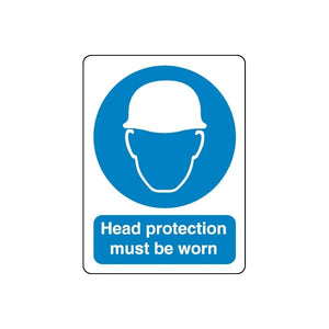 Safety sign decal: blue hard hat icon with 'Head protection must be worn' text