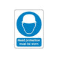 Safety sign decal: blue hard hat icon with 'Head protection must be worn' text