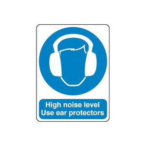 Safety sign vinyl sticker: blue ear protector icon, 'High noise level' 'Use ear protectors'
