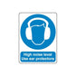 Safety sign vinyl sticker: blue ear protector icon, 'High noise level' 'Use ear protectors'