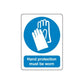 Safety sign vinyl decal with blue hand protection icon and text: Hand protection must be worn