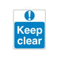 Blue safety sign wall decal with “Keep clear” text and exclamation symbol