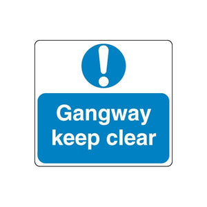 Blue safety sign decal: Gangway keep clear with exclamation icon