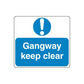 Blue safety sign decal: Gangway keep clear with exclamation icon