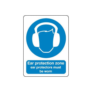 Ear protection zone sticker: blue circle with earmuff icon and 'be worn' text