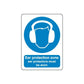 Ear protection zone sticker: blue circle with earmuff icon and 'be worn' text