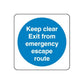 Safety sign wall decal: blue circle with white text 'Keep clear Exit from emergency escape route'.