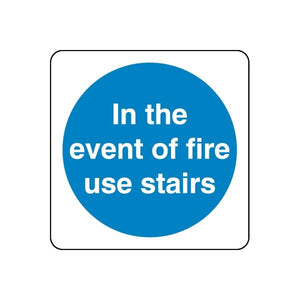 Safety sign decal: blue circle with white 'In the event of fire use stairs' text
