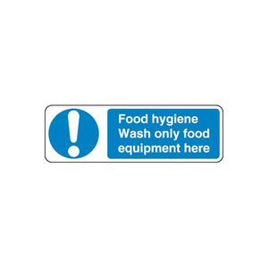 Blue food hygiene warning decal with white exclamation and 'Wash only food equipment here'
