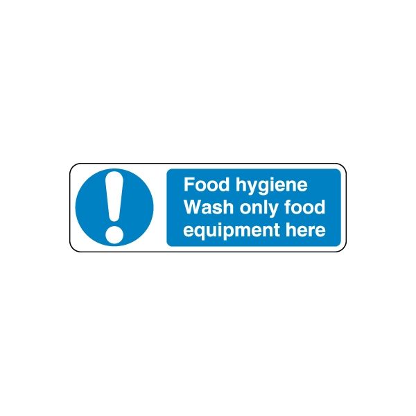 Blue food hygiene warning decal with white exclamation and 'Wash only food equipment here'
