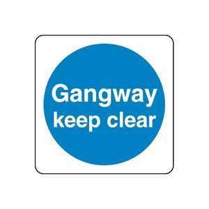 Safety sign decal sticker with blue circle text 'Gangway keep clear' on white