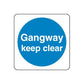 Safety sign decal sticker with blue circle text 'Gangway keep clear' on white