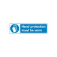 Safety sign decal: blue hand icon and “Hand protection must be worn” text