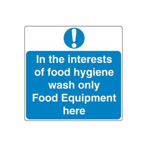 Blue safety sign decal with exclamation mark and text 'Food Equipment here'