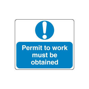 Blue safety sign wall decal: “Permit to work must be obtained” with exclamation icon