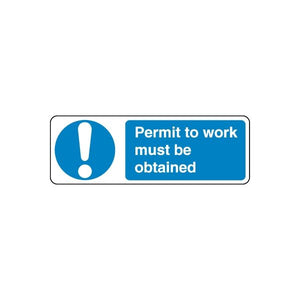 Safety sign sticker: blue exclamation icon with “Permit to work must be obtained”