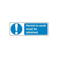 Safety sign sticker: blue exclamation icon with “Permit to work must be obtained”
