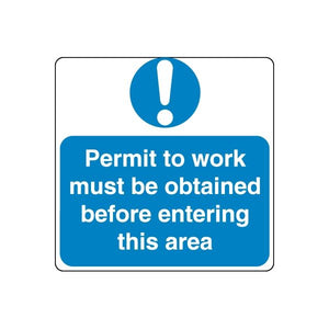 Safety sign decal, blue rectangle with white exclamation and 'Permit to work' text