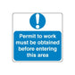 Safety sign decal, blue rectangle with white exclamation and 'Permit to work' text