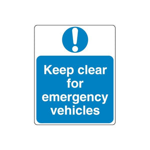 Blue safety sign wall decal sticker: Keep clear for emergency vehicles with exclamation icon