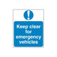 Blue safety sign wall decal sticker: Keep clear for emergency vehicles with exclamation icon