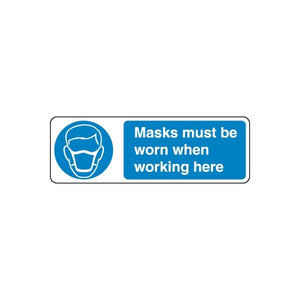 Safety sign vinyl sticker: mask icon with text, 'Masks must be worn when working here'