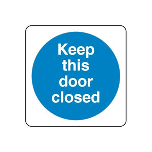 Safety door decal sticker with blue circle and white text, Keep this door closed