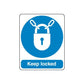 Safety padlock wall decal sticker with blue circle and 'Keep locked' text