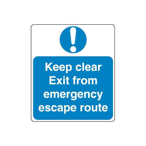 Blue safety decal with exclamation and text: 'Keep clear Exit from emergency escape route'
