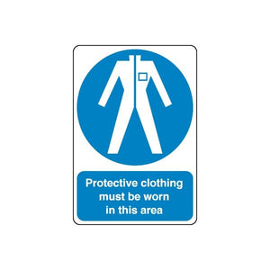 Safety sign decal sticker: blue circle, white icon, and Protective clothing must be worn text