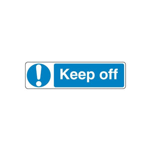 Safety sign wall decal: blue exclamation icon with 'Keep off' text