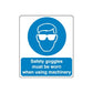 Safety sign wall decal with blue goggles icon and text: goggles must be worn when using machinery