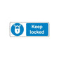Safety sign wall decal, blue lock icon with Keep locked text in white.