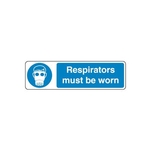 Safety sign decal: blue respirator mask icon and “Respirators must be worn”