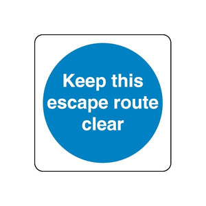 Safety sign wall decal with blue circle and white text: Keep this escape route clear