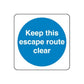 Safety sign wall decal with blue circle and white text: Keep this escape route clear