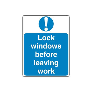 Blue safety sign decal with exclamation icon and 'Lock windows before leaving work'